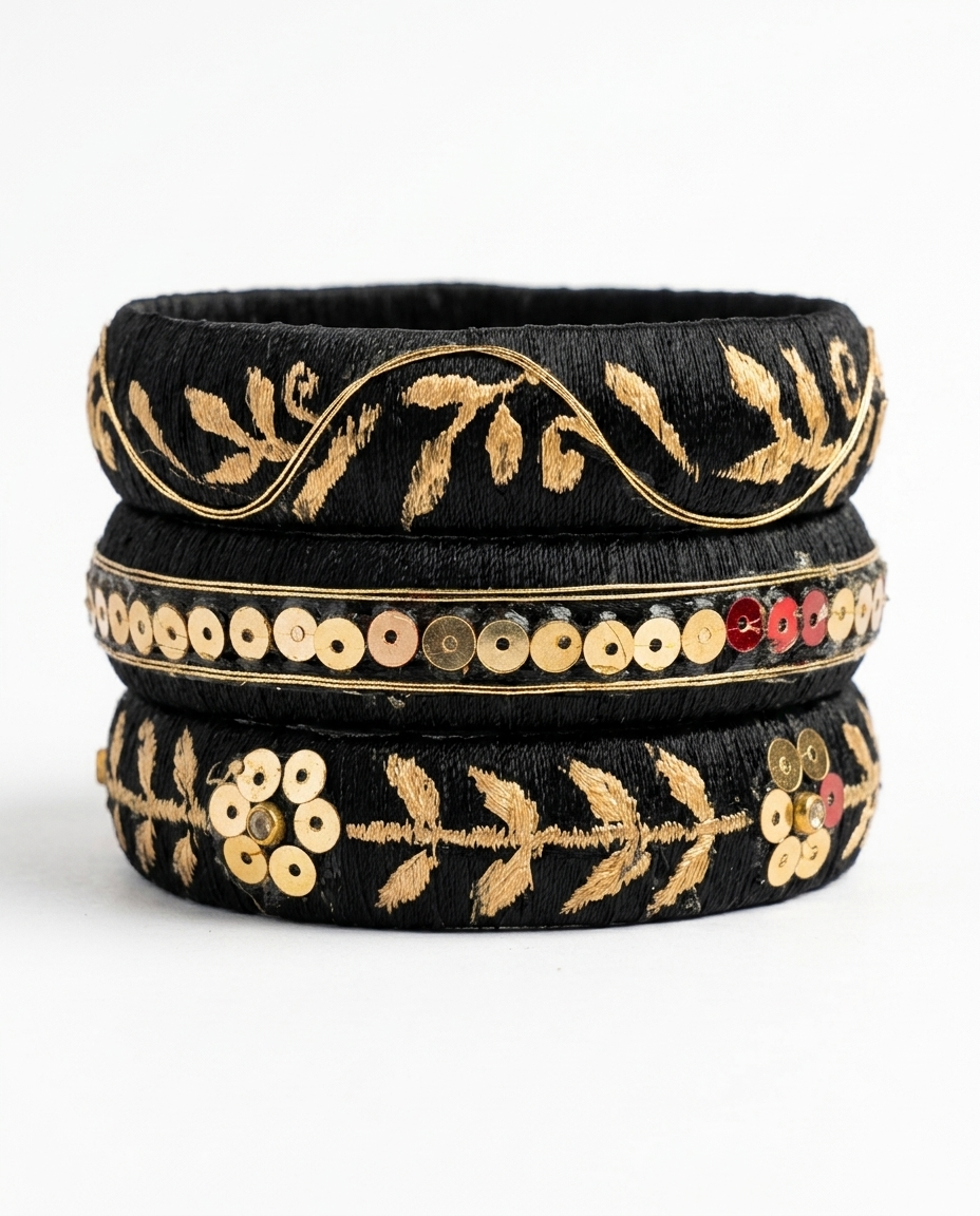 Mehfil collection trio of black silk thread bangles with detailed gold embroidery, sequins, and floral accents by Dori Dot Collection, on a white background.