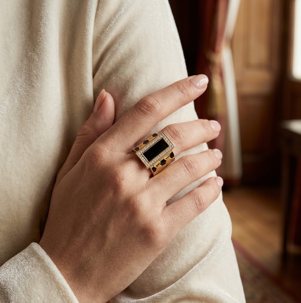 Gold Honeycomb & Black Onyx Statement Ring