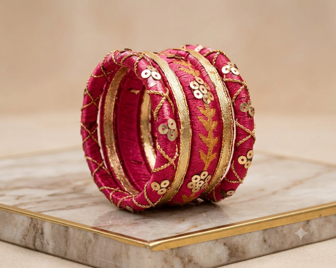 Gulnaar | Magenta Silk Thread Bangle Set with Gold Sequin Work