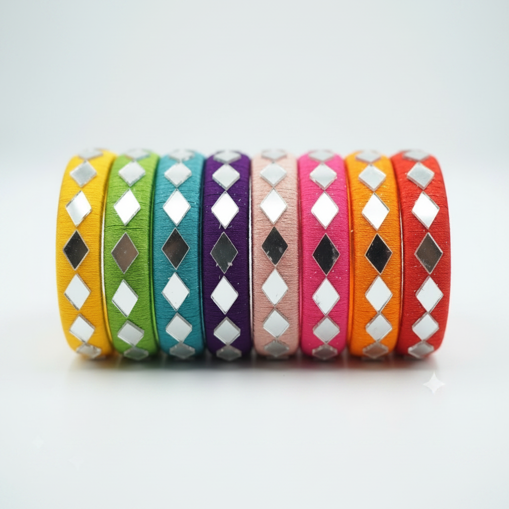 A set of eight colorful leather wrap bracelets with silver and black diamond-shaped metallic studs, arranged in a row on a light gray background.