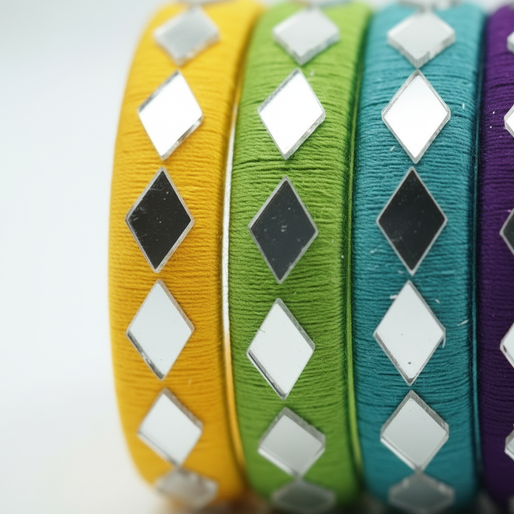 A close-up of several colorful braided cords or straps with mirrored diamond-shaped studs, shown in yellow, green, teal, and purple on a white background.