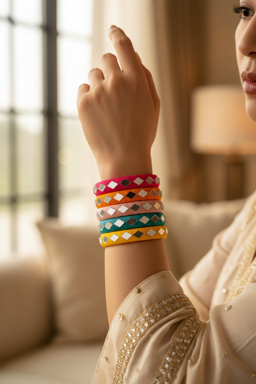 A close-up lifestyle shot of a person wearing a stack of five colorful silicone bangles with metallic diamond-shaped studs. The bracelets are in pink, orange, white, teal, and yellow, and are shown on a person's wrist against a softly blurred indoor background.