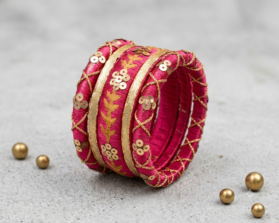 Gulnaar | Magenta Silk Thread Bangle Set with Gold Sequin Work