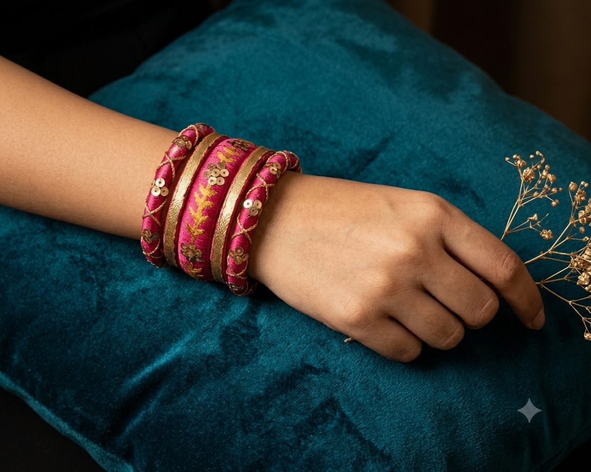 Gulnaar | Magenta Silk Thread Bangle Set with Gold Sequin Work