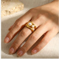 Gold Organic Wave Pearl Ring  Dual Pearl Open Wrap Band