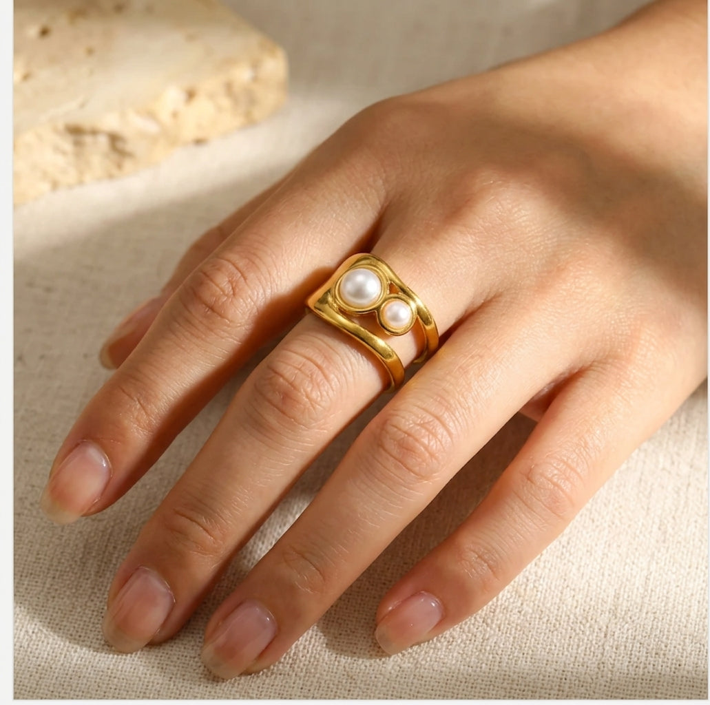 Gold Organic Wave Pearl Ring  Dual Pearl Open Wrap Band