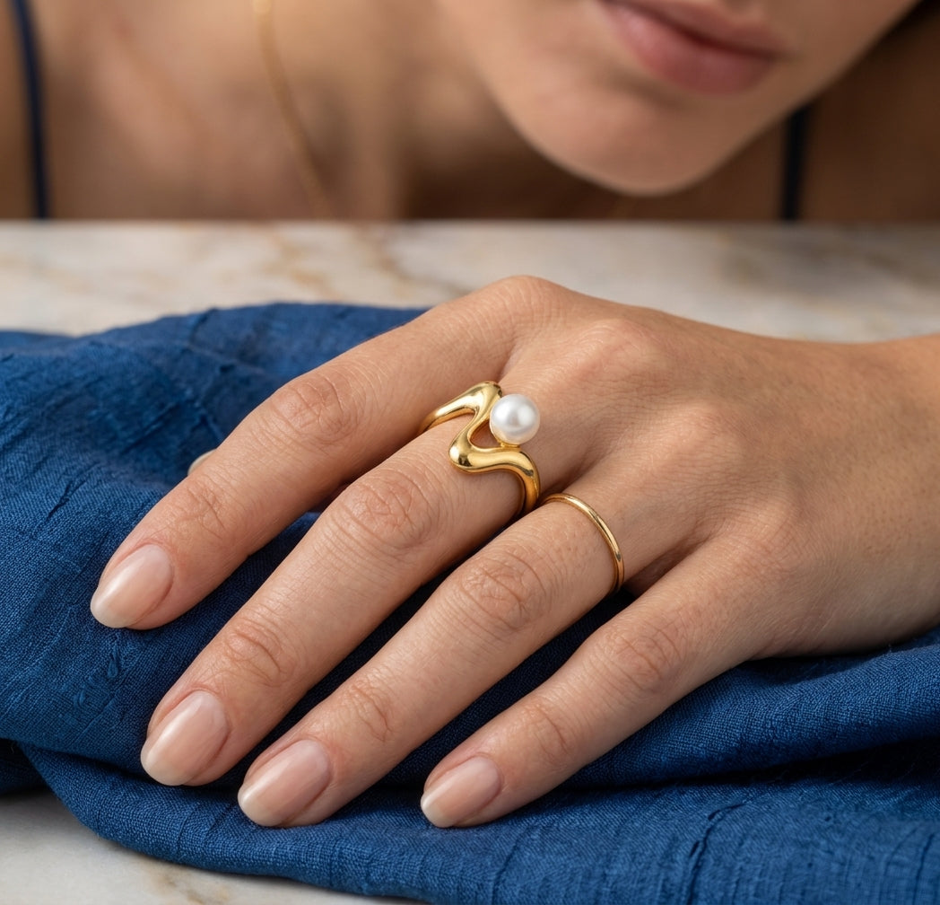 Gold Wavy Solitaire Pearl Ring  Sculptural Swirl Pearl Band