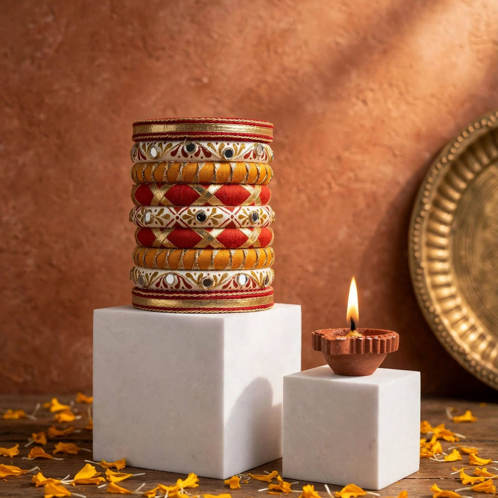 A stack of ornate Indian bangles with red, gold, and white patterns displayed on white pedestals next to a lit clay diya, with scattered orange petals on a wooden surface against a textured terracotta background.