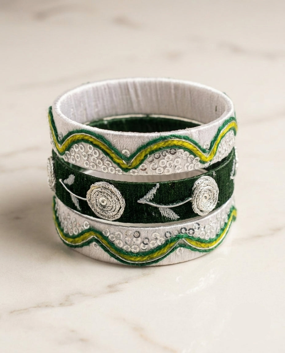Sheen | Bottle Green & Silver Sequin Thread Bangles