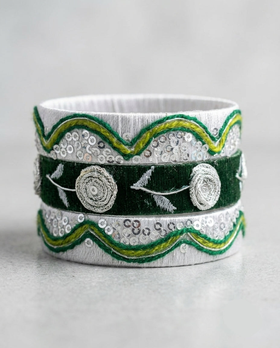 Sheen | Bottle Green & Silver Sequin Thread Bangles