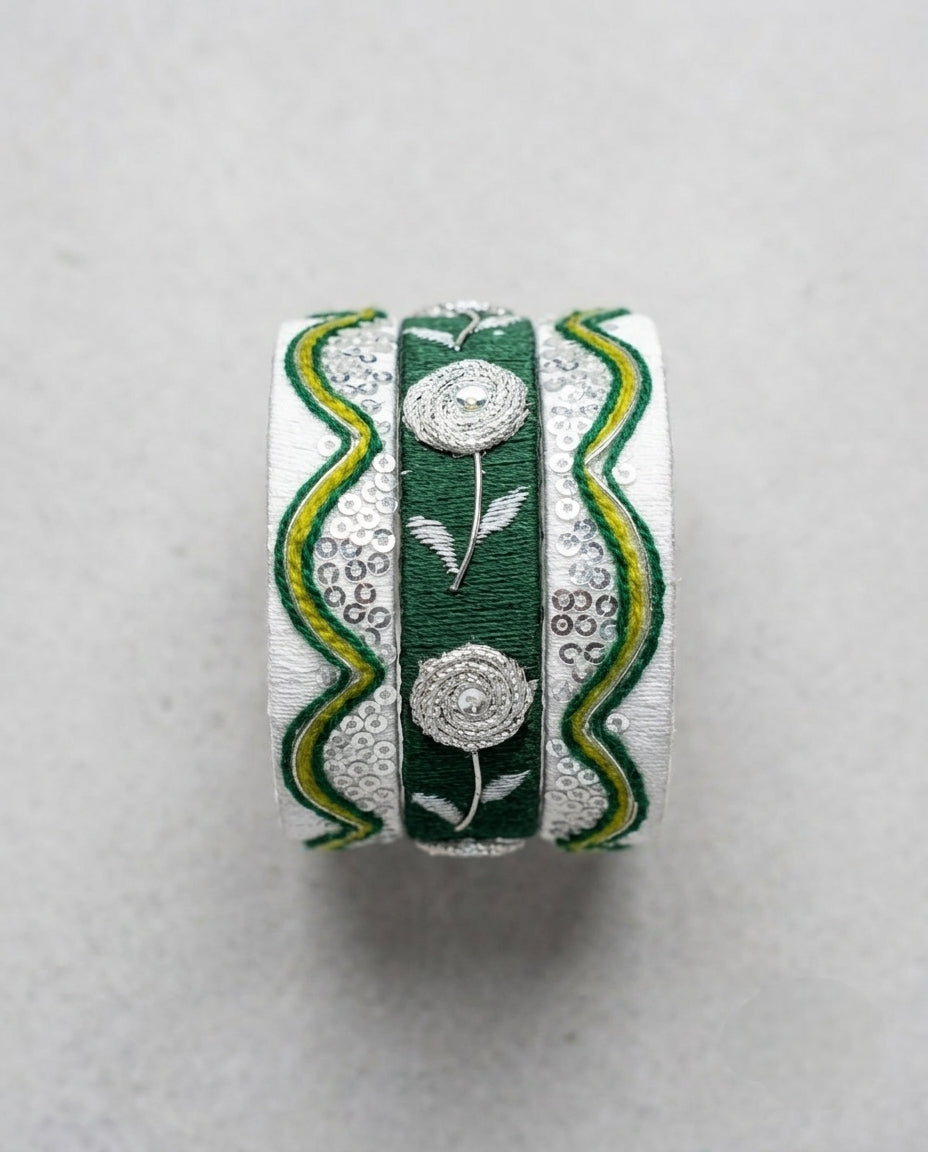 Sheen | Bottle Green & Silver Sequin Thread Bangles