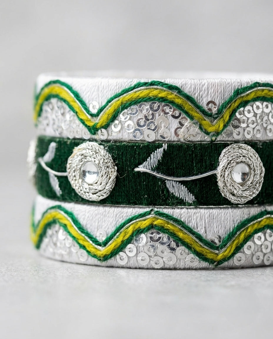 Sheen | Bottle Green & Silver Sequin Thread Bangles