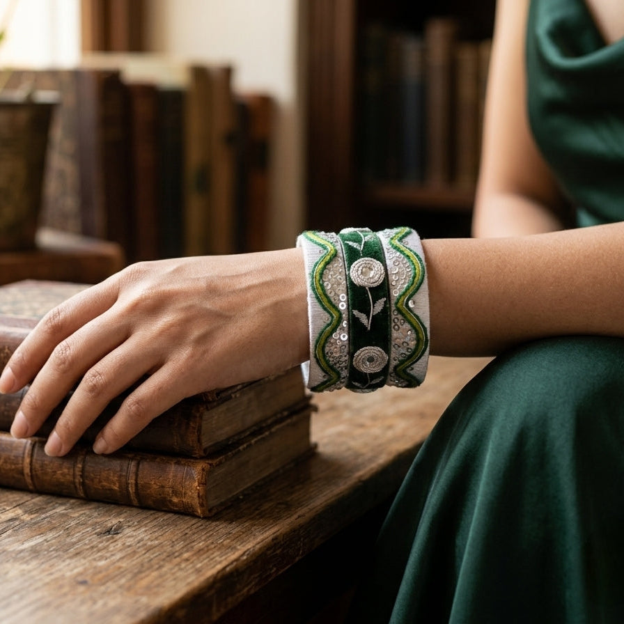 A close-up lifestyle shot of a person's hand resting on a stack of vintage books, wearing a multi-layered green and white beaded bracelet with silver-toned circular accents.