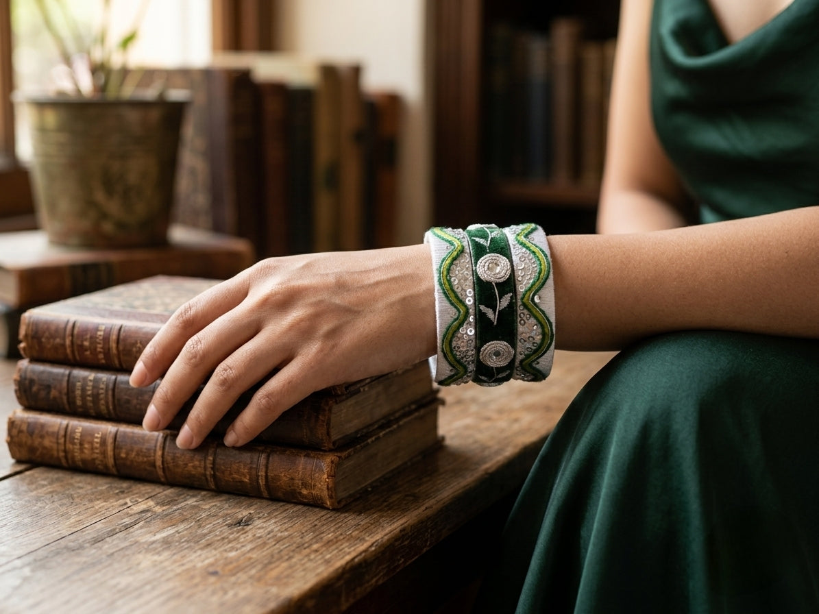 Sheen | Bottle Green & Silver Sequin Thread Bangles