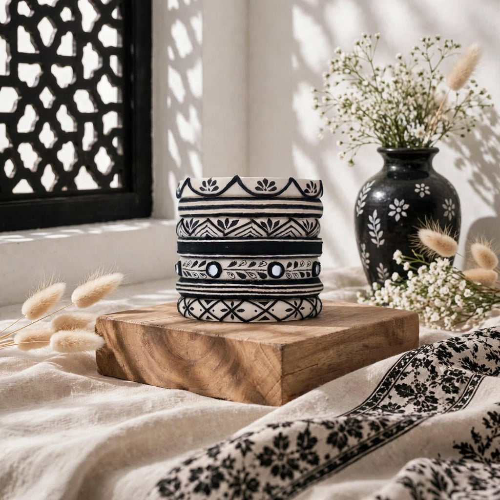 A stack of three ceramic candle jars with black and white bohemian geometric patterns sits on a wooden block. The scene is styled with dried bunny tails, a black floral vase, and a black and white patterned textile under warm, dappled sunlight.