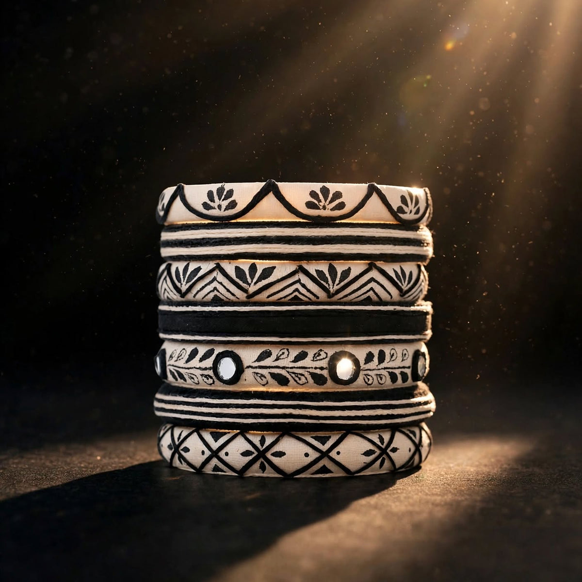 A stack of five patterned ceramic coasters with black geometric and floral designs on a cream-colored glaze, photographed under dramatic spotlighting on a dark background.