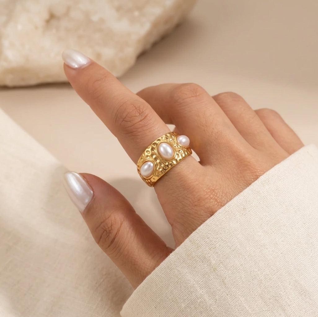 Vintage Hammered Gold Pearl Ring  Oval Pearl Wide Band