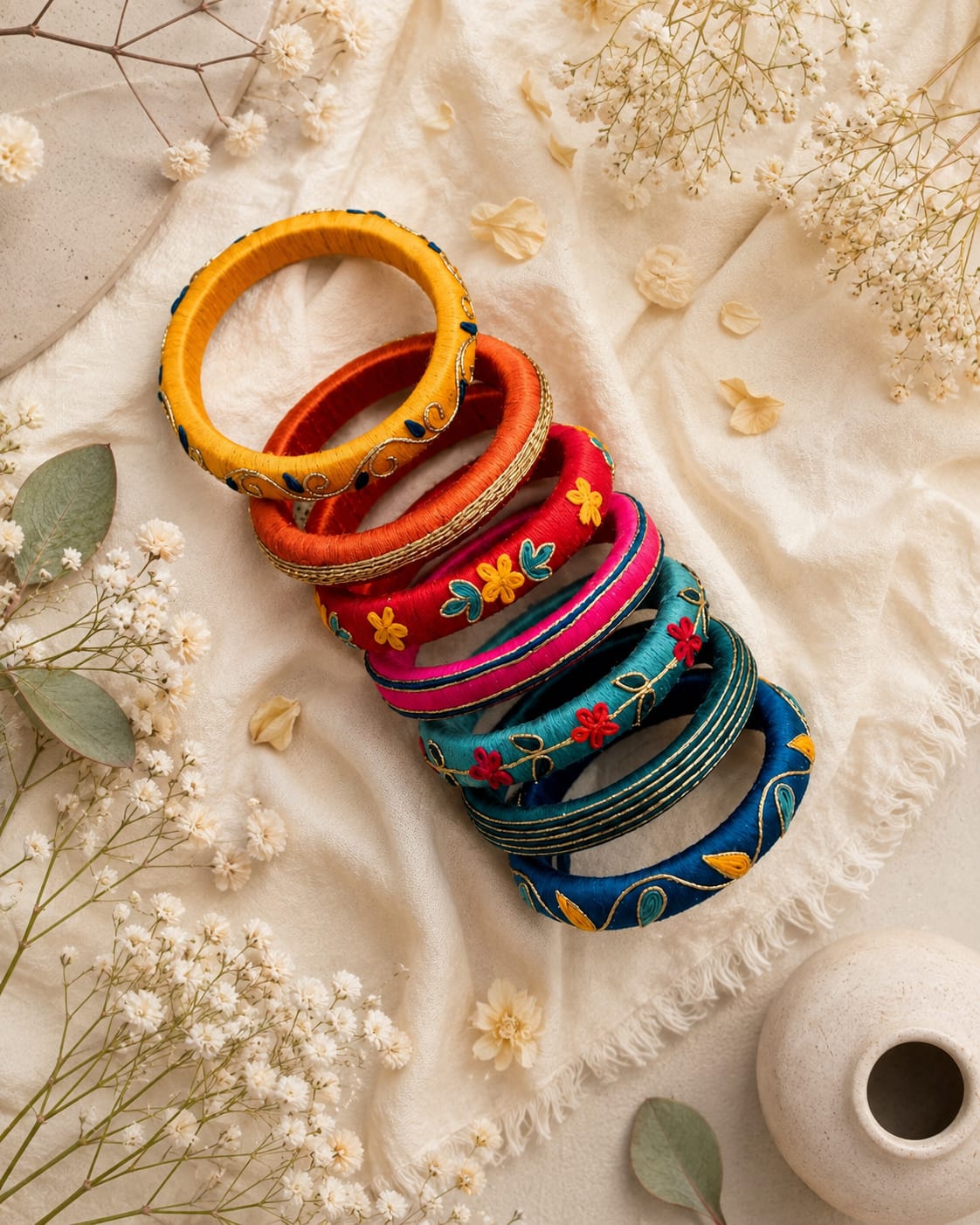 A stack of six colorful embroidered bangles arranged on a cream fabric backdrop with dried white flowers and a small vase. The bangles are yellow, orange, red, pink, teal, and blue, each decorated with floral and vine embroidery.