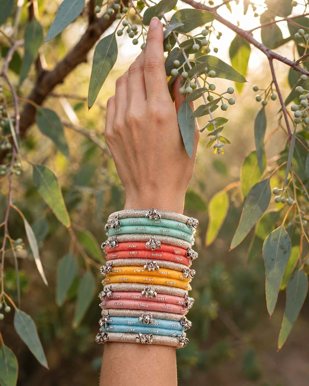 Anum Multicolour Silk Thread Bangles Stack with Silver Ghungroo Charms