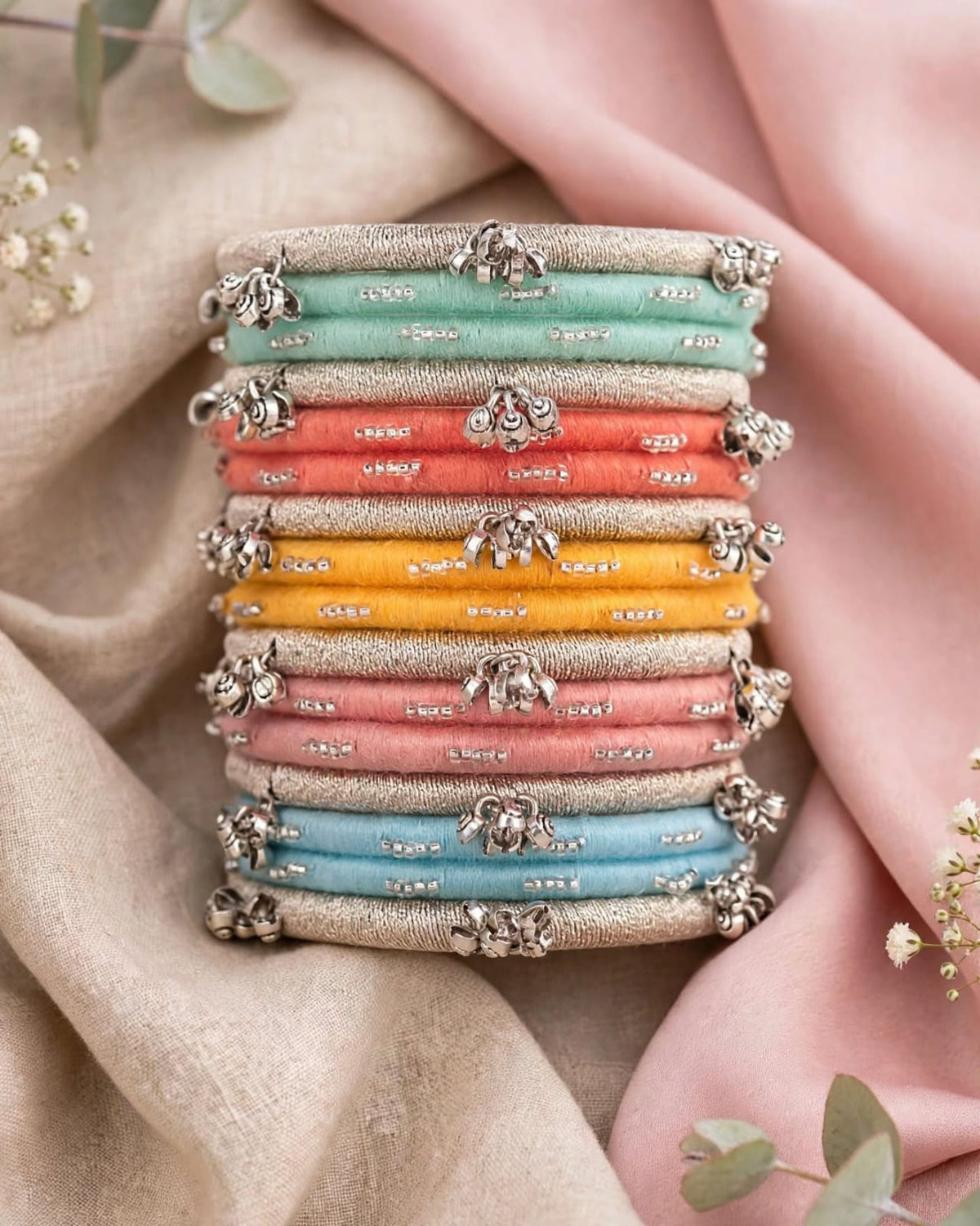 Anum Multicolour Silk Thread Bangles Stack with Silver Ghungroo Charms