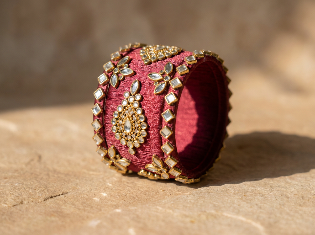 A wide, cylindrical red fabric cuff bracelet decorated with intricate gold embroidery and clear stone embellishments, resting on a textured beige stone surface.