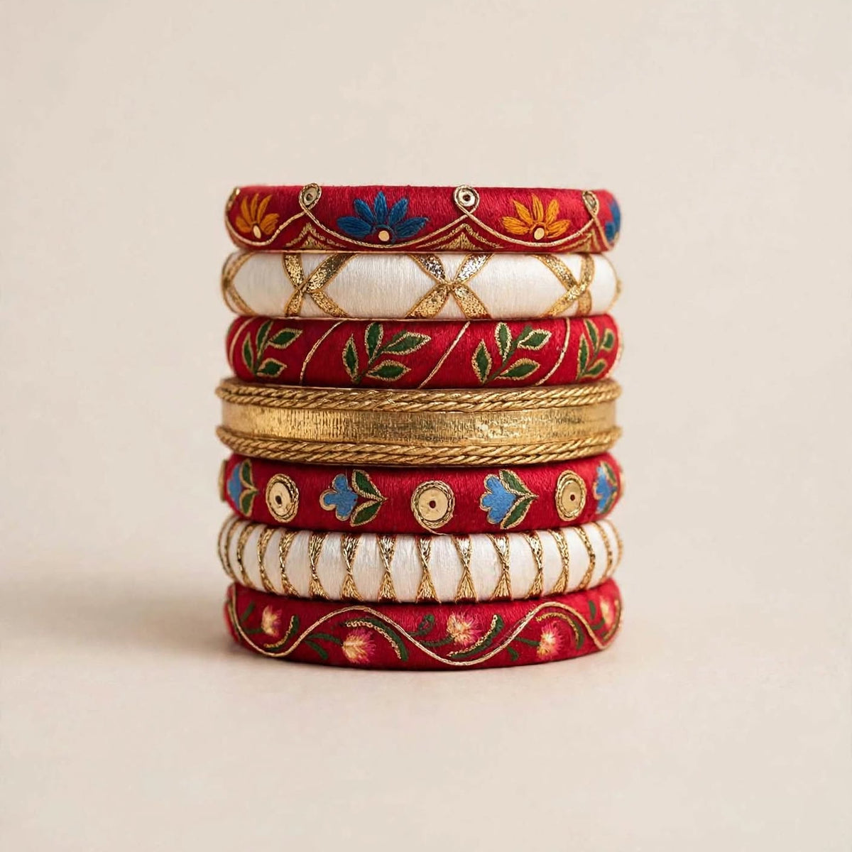 Bahaar-e-Rung | Red & Ivory Handcrafted Embroidered Bangles