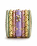 Falak pastel multi-silk thread handmade bangle set with gold accents and mirror work by Dori Dot Collection