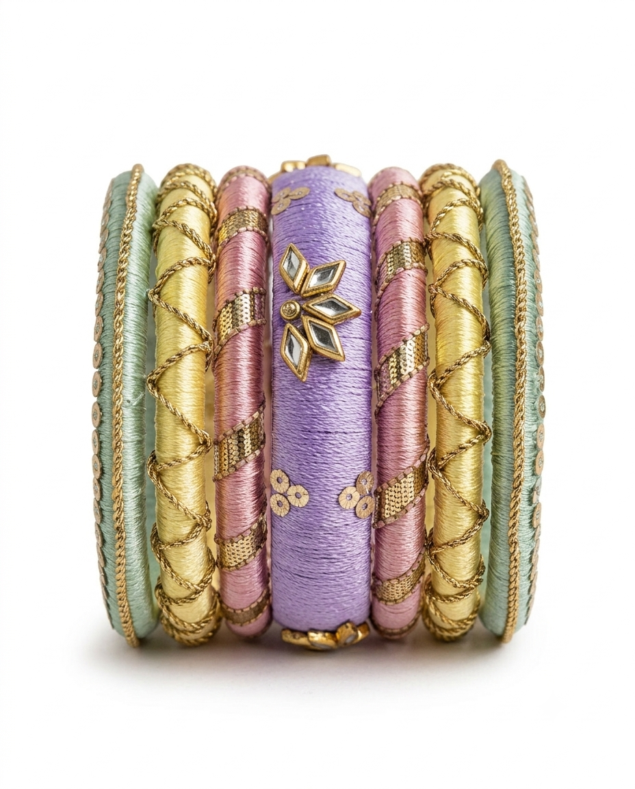 Falak pastel multi-silk thread handmade bangle set with gold accents and mirror work by Dori Dot Collection