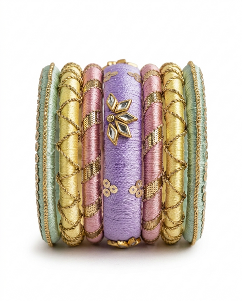 Falak pastel multi-silk thread handmade bangle set with gold accents and mirror work by Dori Dot Collection