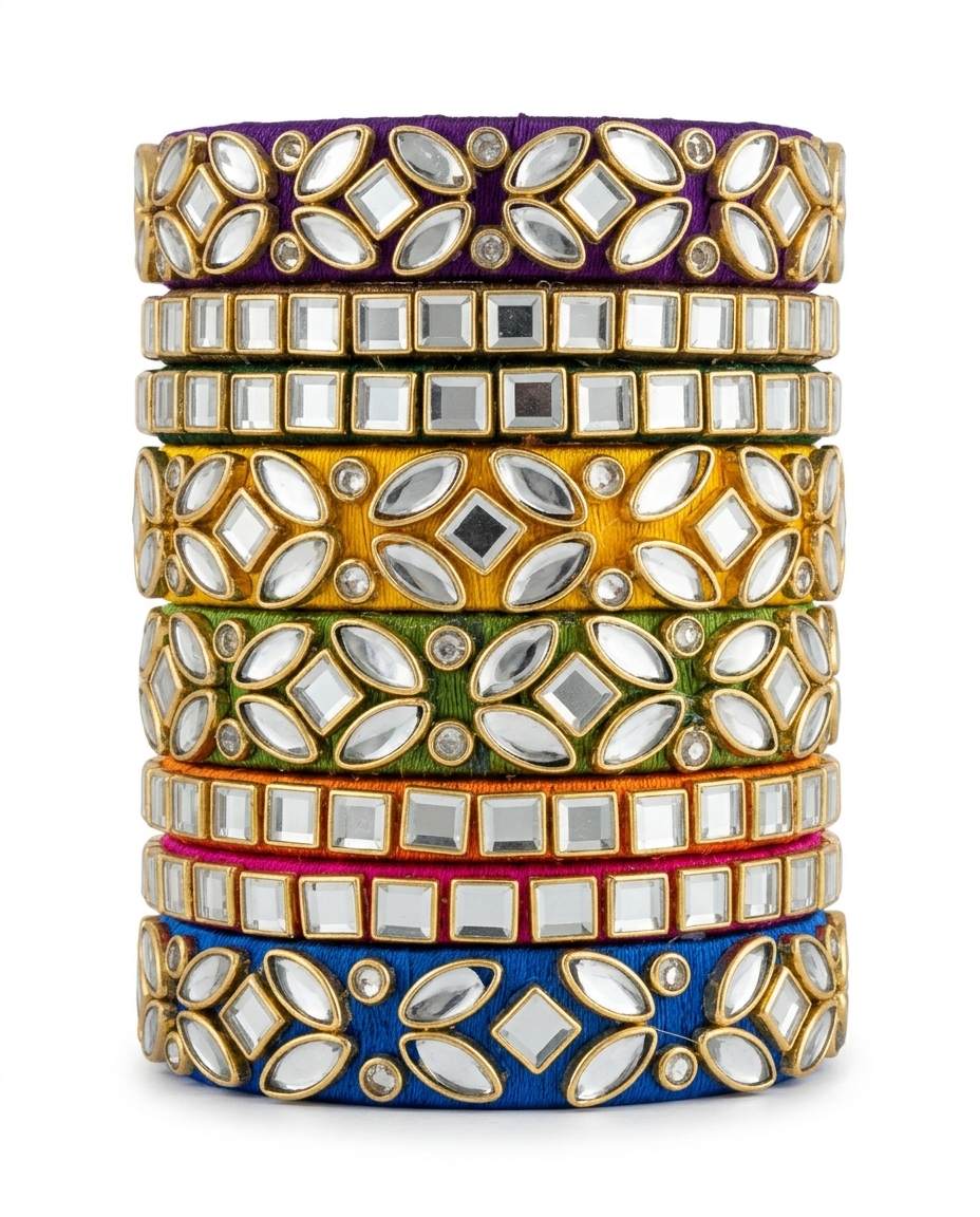 Ghazal stack of multicolor silk thread bangles with traditional kundan work by Dori Dot Collection.