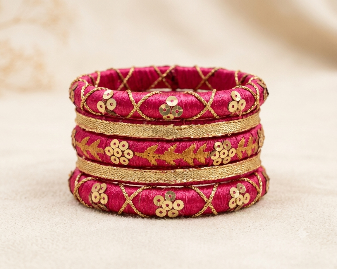 Gulnaar magenta silk thread bangles decorated with gold zari embroidery and sequin embellishments by Dori Dot Collection.
