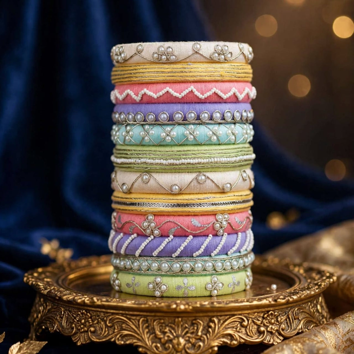 A stack of ten colorful embroidered thread wraps or bangles with pearl-like embellishments, displayed on an ornate gold tray against a dark blue velvet background with warm golden bokeh lights.