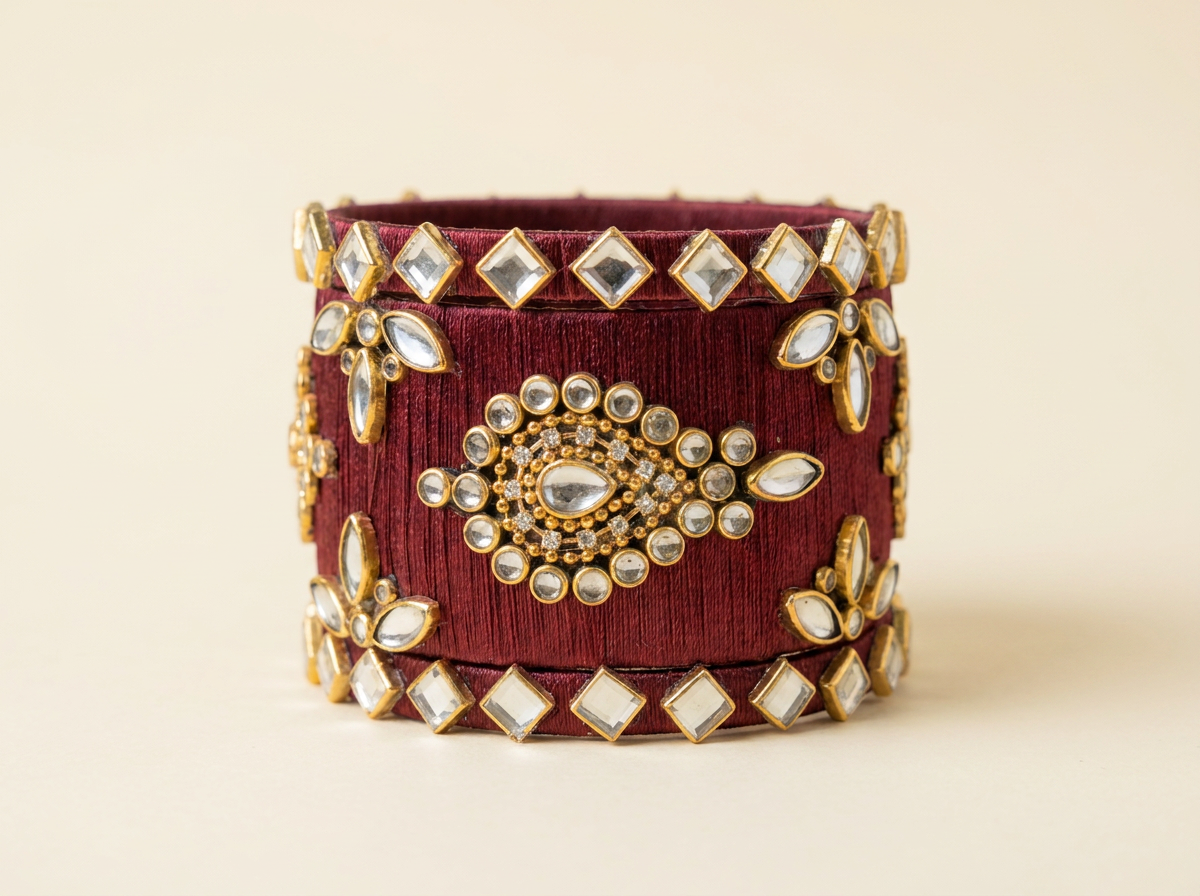 A wide, cylindrical bangle bracelet made of deep maroon velvet, heavily embellished with gold-plated metal borders, clear stone accents, and a central eye motif, set against a solid cream background.