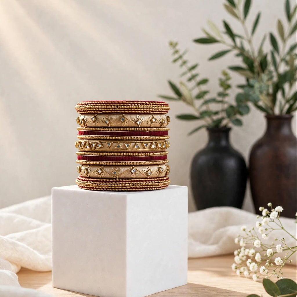 A stack of gold and red beaded bangles displayed on a white cube pedestal, with a neutral background, draped white fabric, and decorative vases.