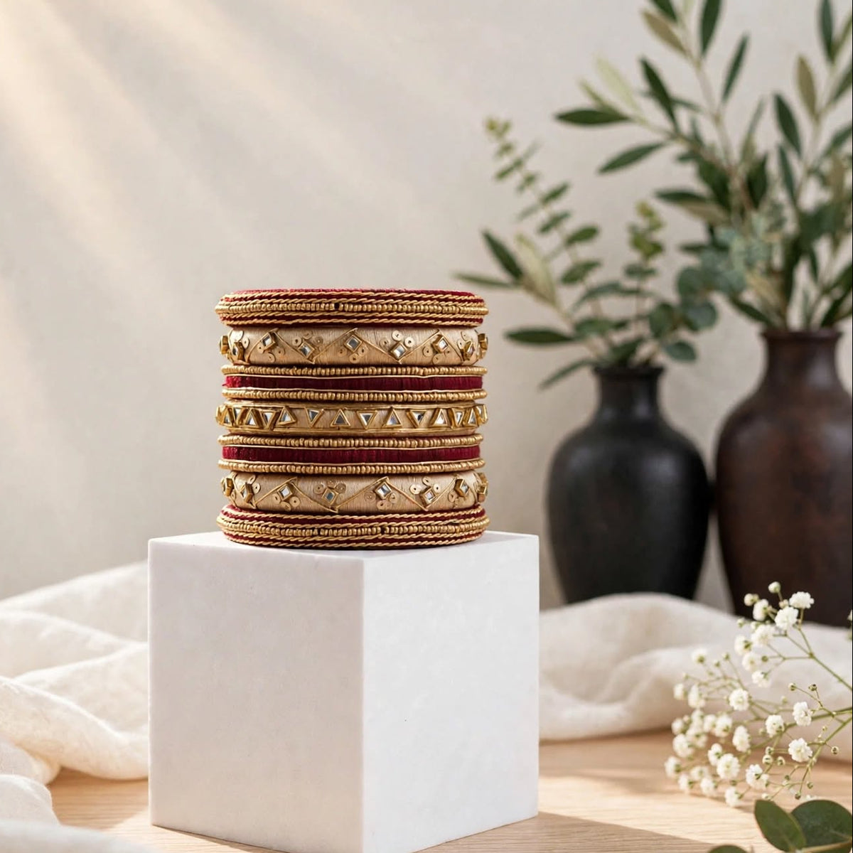 A stack of gold and red beaded bangles displayed on a white cube pedestal, with a neutral background, draped white fabric, and decorative vases.