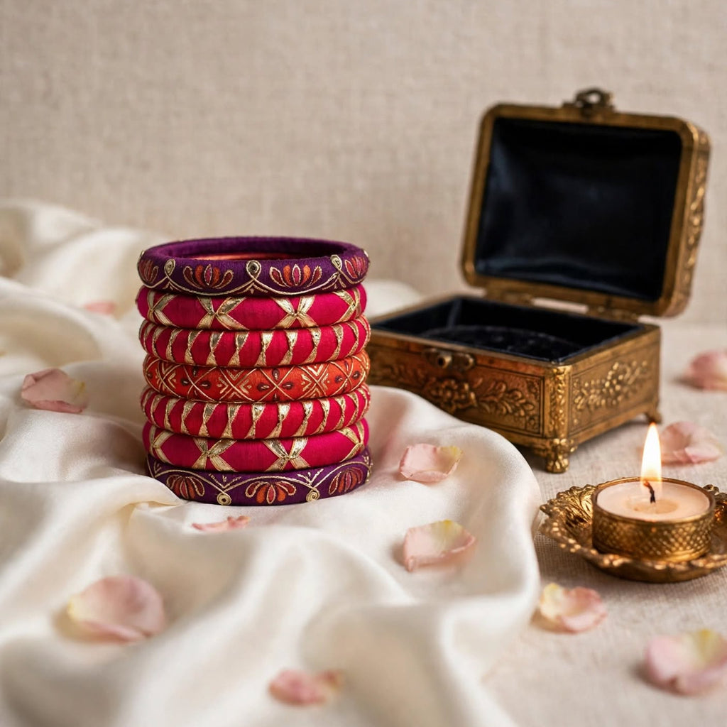 A stack of red and gold patterned bangles (kara bracelets) displayed on a draped white fabric next to an ornate gold jewelry box and a lit diya candle.