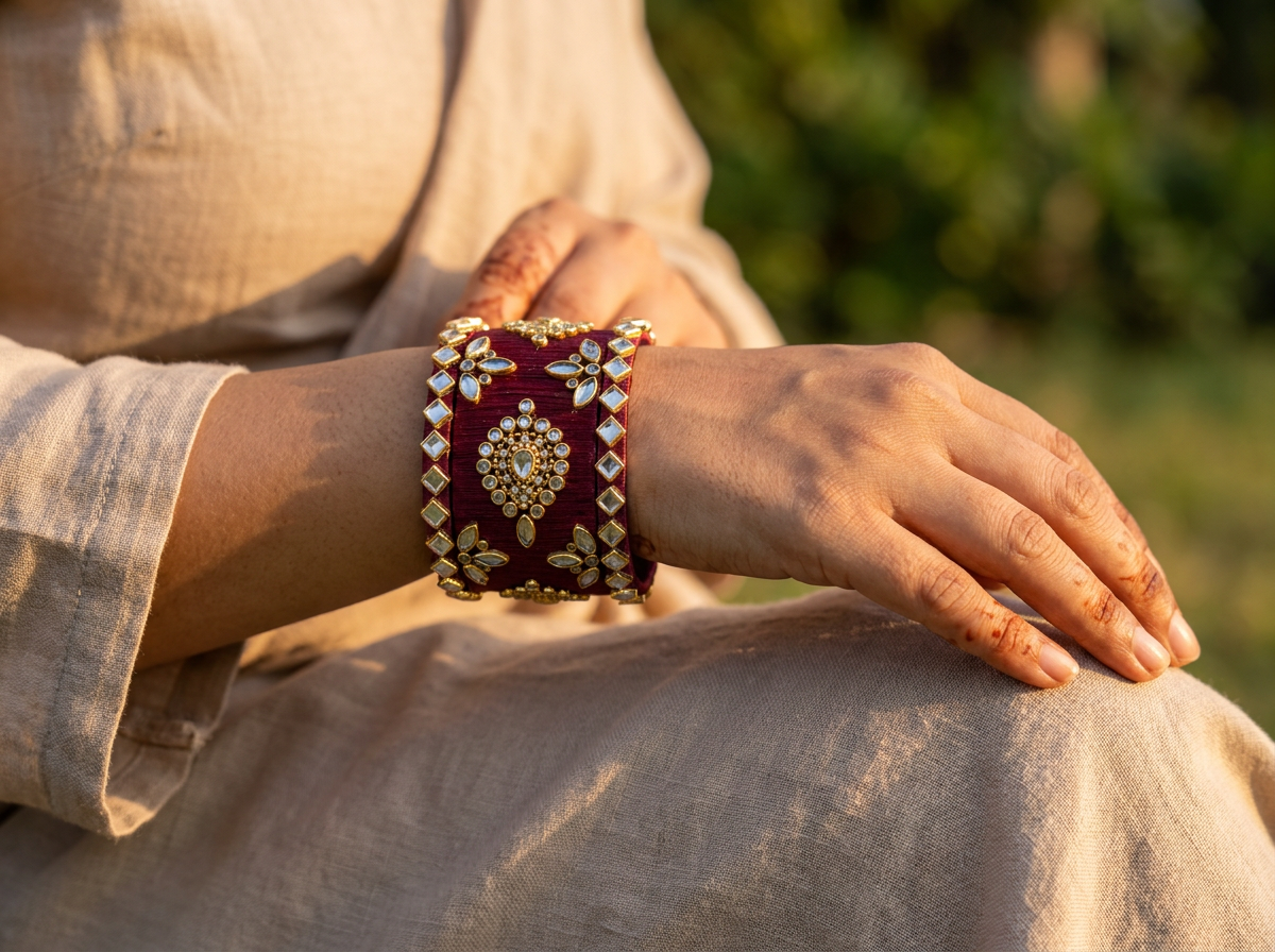 A close-up of a person's wrist wearing a wide, ornate maroon velvet cuff bracelet decorated with gold and white beaded floral patterns, set against a soft-focus outdoor background.