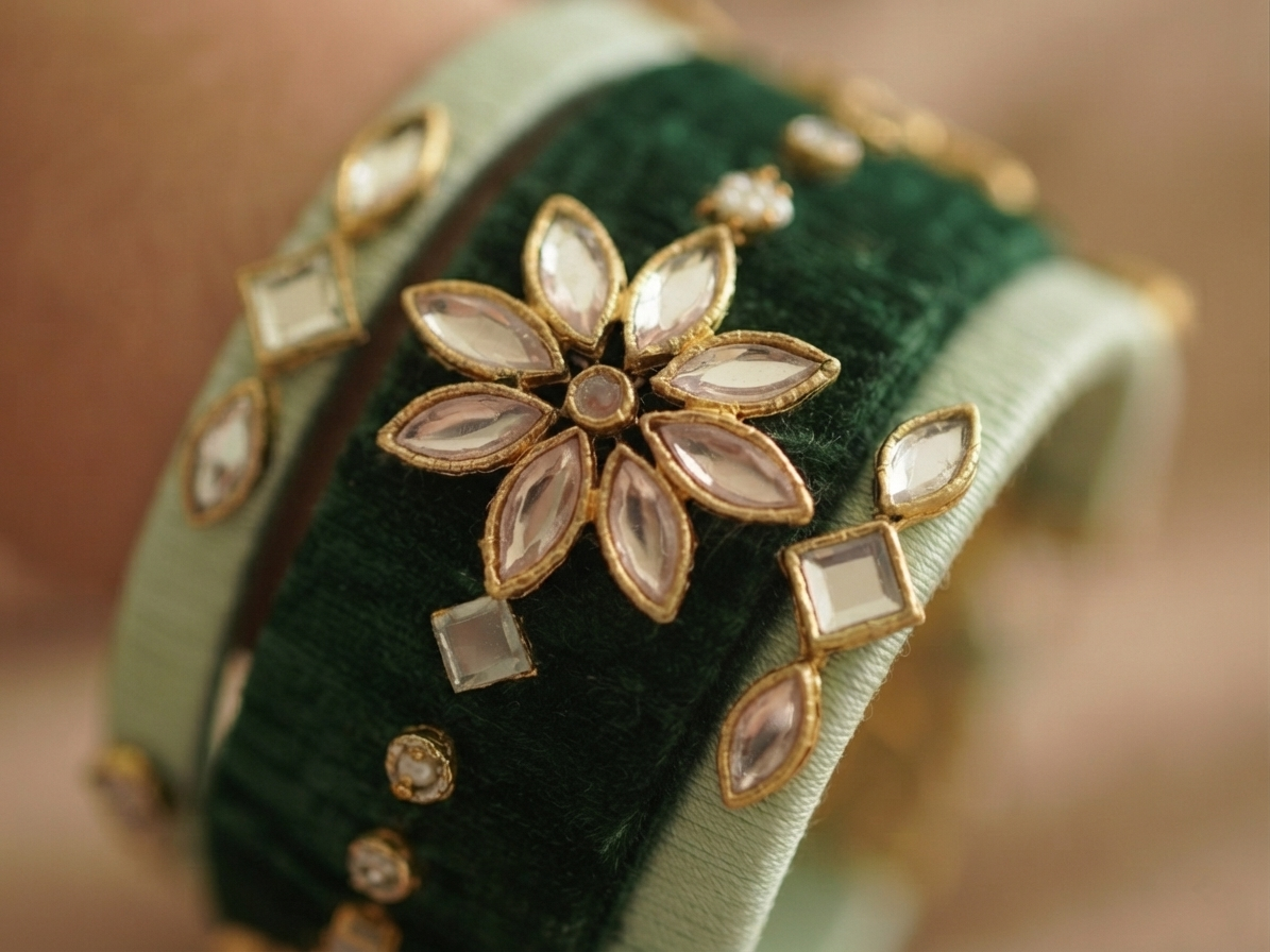 A close-up of a layered bracelet featuring a dark green velvet band, a light sage green fabric band, and gold-plated metal embellishments with clear stones.