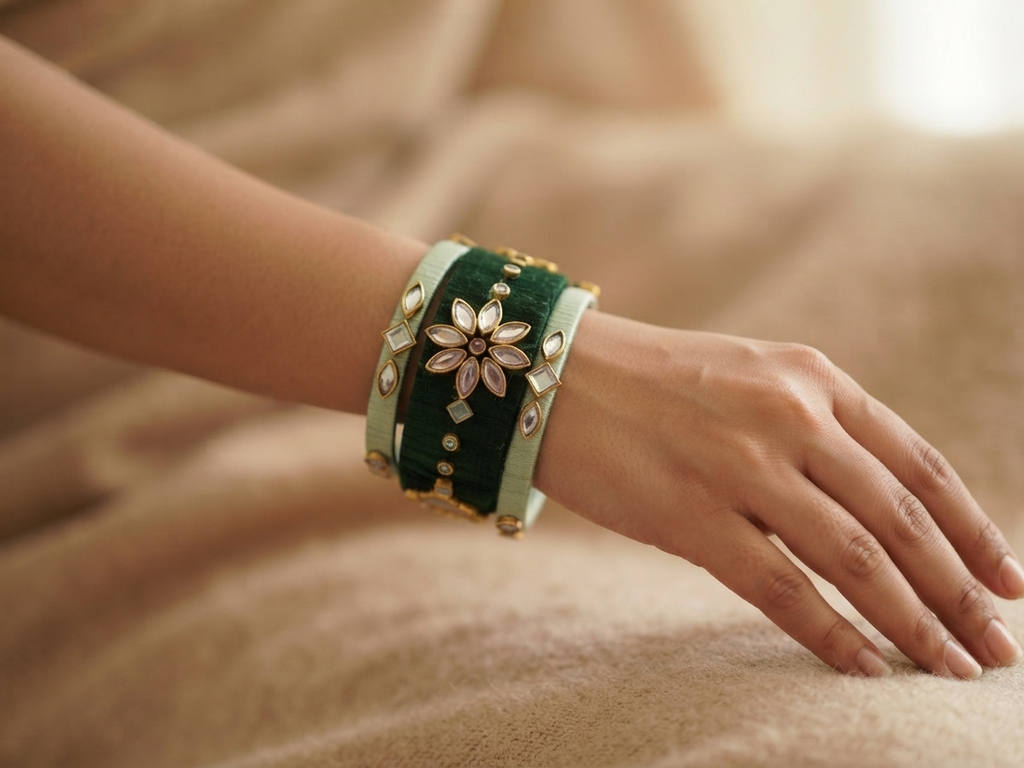 A close-up of a person's hand and wrist wearing a wide green velvet cuff bracelet with gold-toned metal details, a central floral motif, and small rhinestone accents, set against a soft beige fabric background.