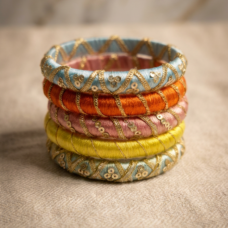 A stack of five ornate bangles in pastel and bright colors, including light blue, orange, pink, yellow, and teal, each decorated with gold metallic embroidery and sequins, resting on a textured beige fabric surface.