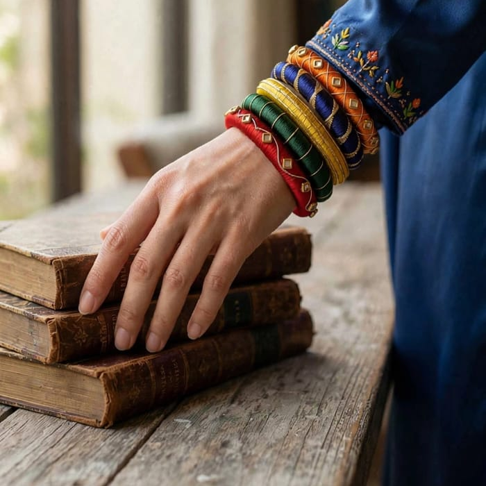 A close-up of a person's hand resting on a stack of old books, wearing a stack of colorful braided bangles on the wrist. The person is wearing a blue embroidered kurta, and the background is a rustic wooden surface.