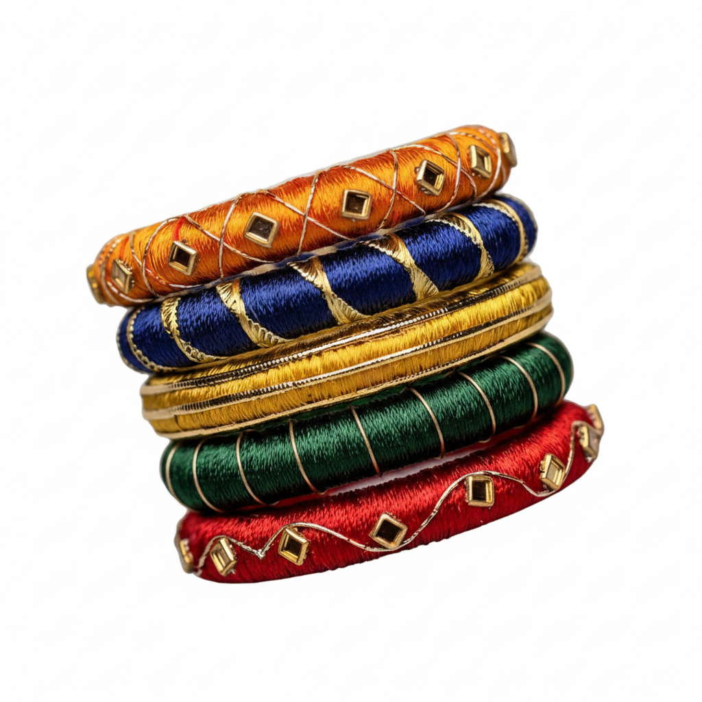 A stack of five traditional Indian bangles (kara) made of woven and embroidered silk threads, featuring gold-plated rhinestone embellishments. The bangles are stacked vertically on a plain white background, showing a variety of colors including orange, navy blue, yellow, green, and red.
