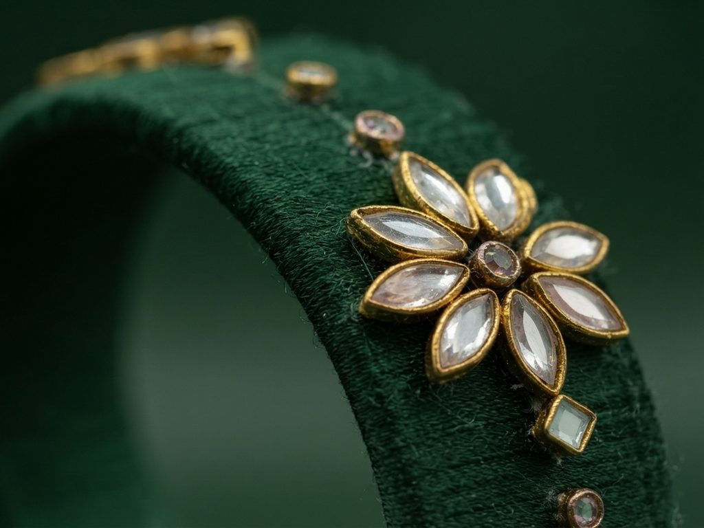 A close-up of a dark green velvet jewelry display stand featuring a gold-tone floral embellishment with clear marquise-cut stones and small round accent stones.