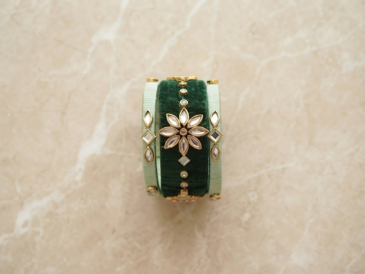 A wide cuff bracelet featuring a central dark green velvet band flanked by two pale mint green velvet bands, accented with gold-toned metal, clear rhinestones, and a floral motif in the center, displayed on a beige marble surface.