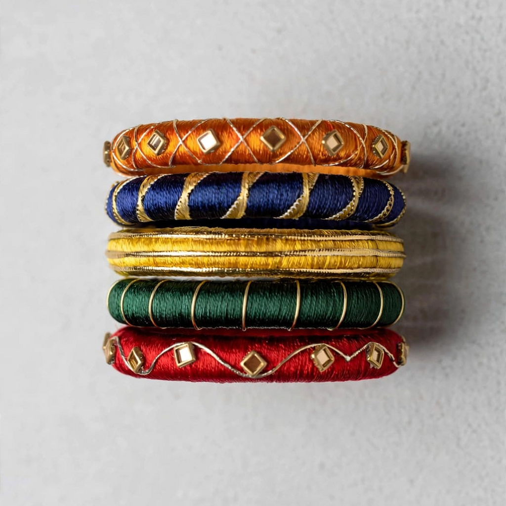 A stack of five traditional Indian bangles (kara) made of woven silk threads in orange, navy blue, yellow, green, and red, each decorated with gold metallic diamond-shaped studs and embroidered borders, set against a light gray textured background.