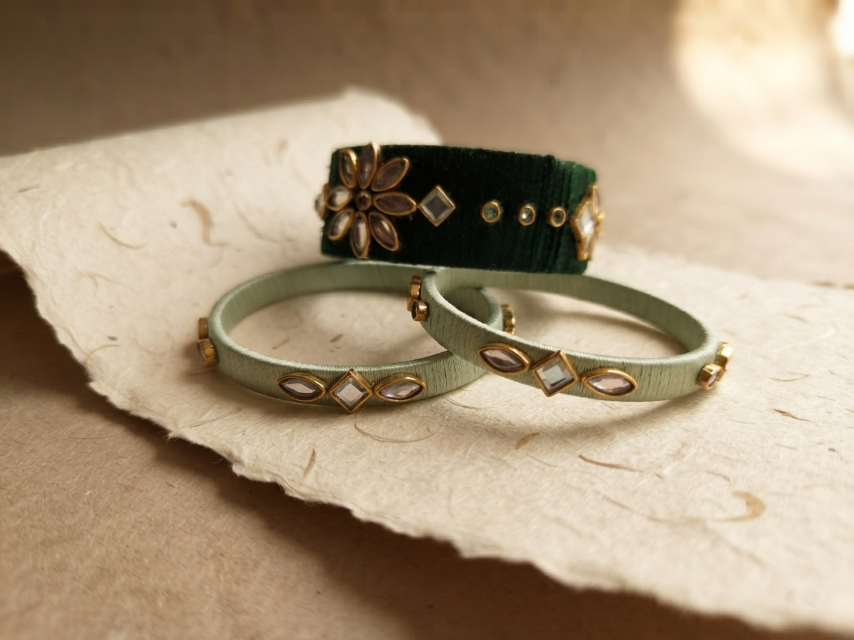 Three decorative bangles displayed on a piece of textured beige paper: two pale sage green bangles in the foreground and one dark forest green bangle in the background, both adorned with gold-toned floral and diamond-shaped embellishments.